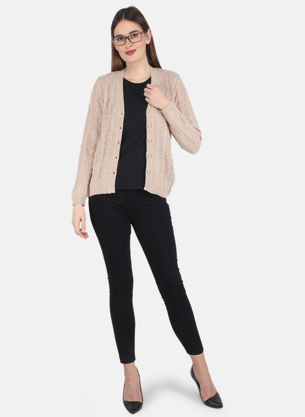 Women Beige Self design Cardigan