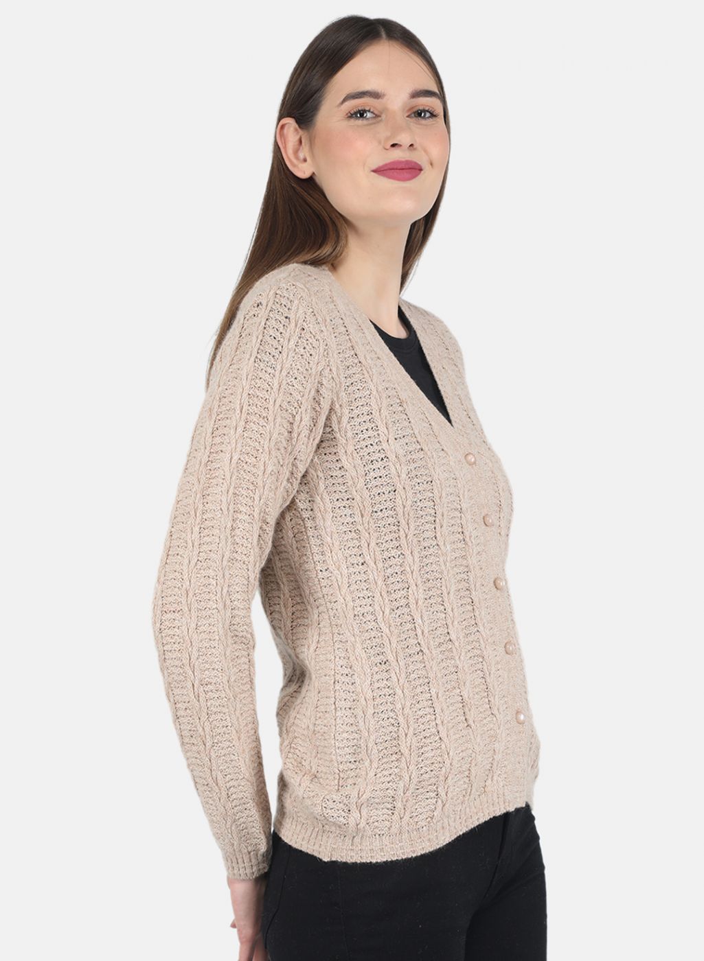 Women Beige Self design Cardigan