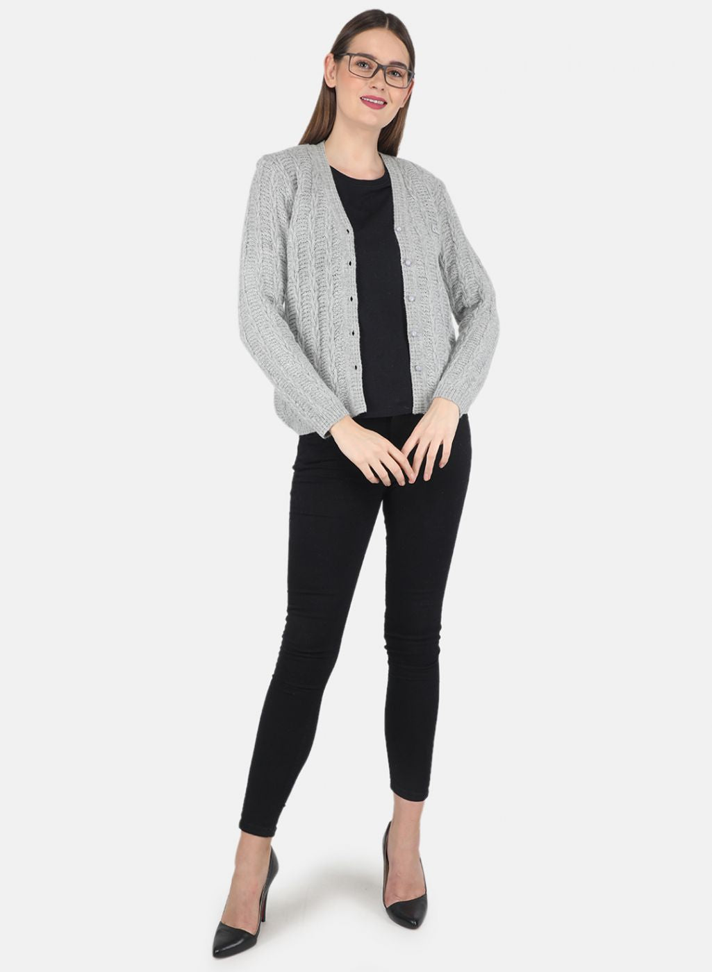 Women Grey Self design Cardigan