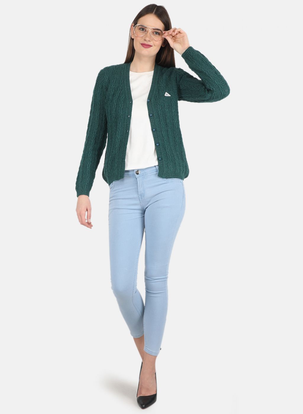 Women Green Self design Cardigan