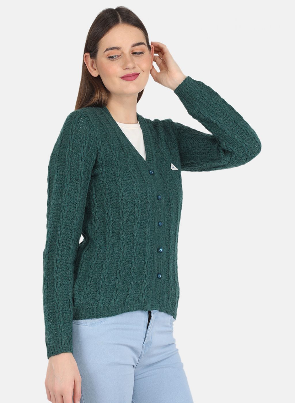 Women Green Self design Cardigan