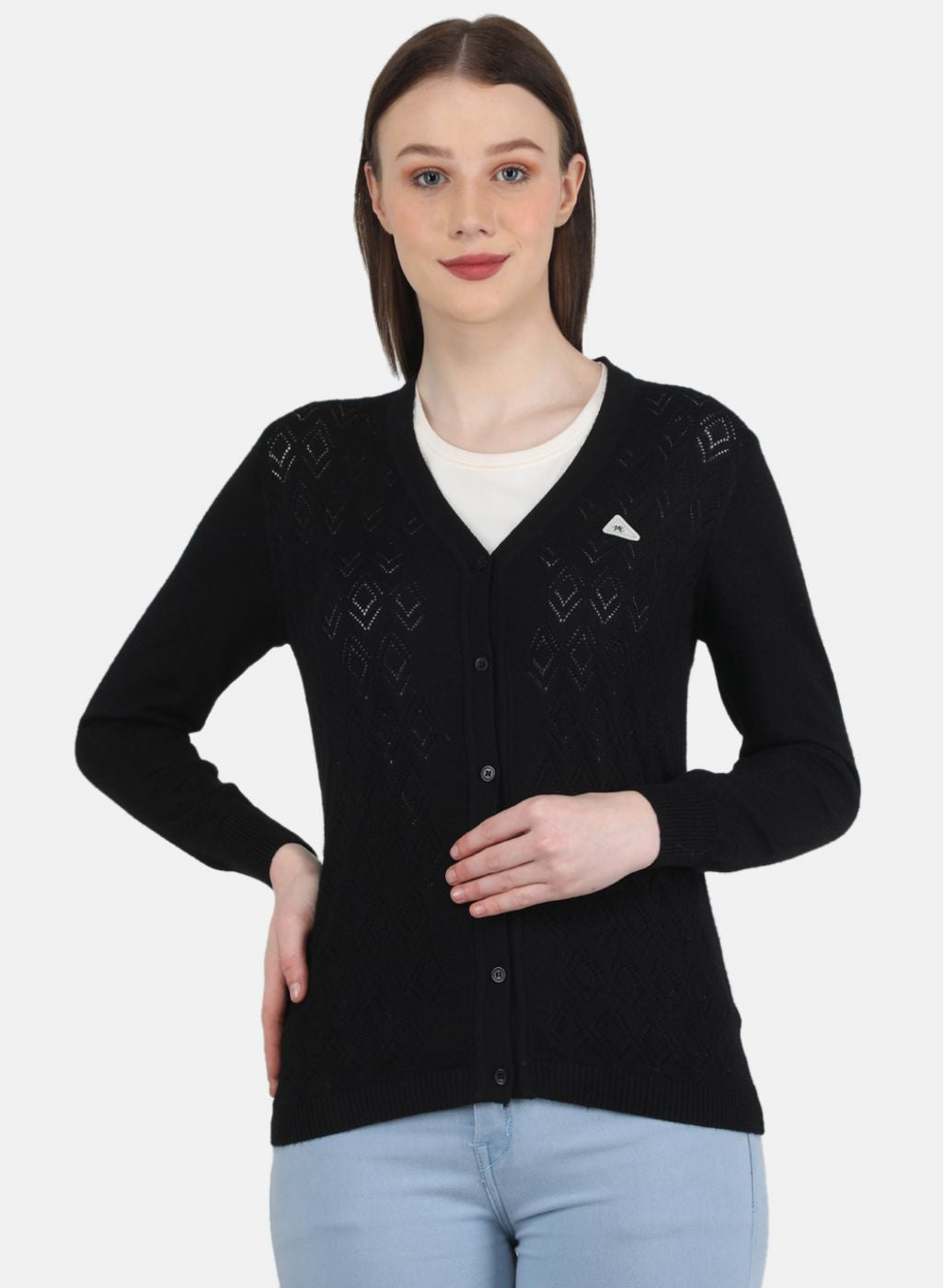 Women Black Self Design Cardigan