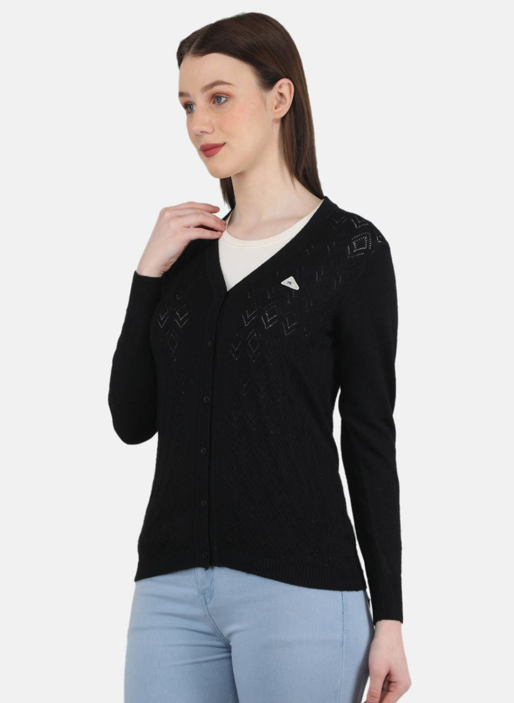 Women Black Self Design Cardigan