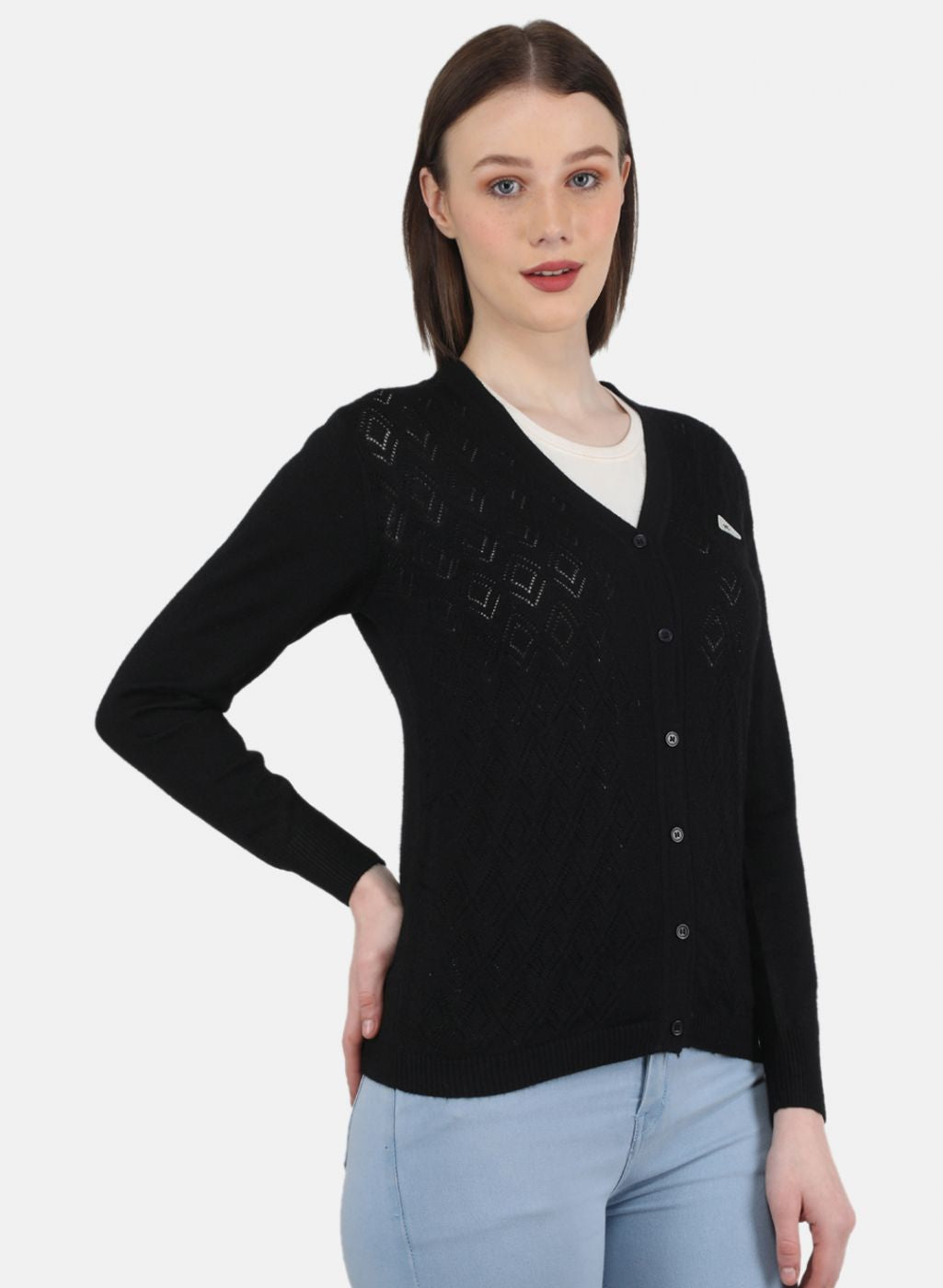 Women Black Self Design Cardigan