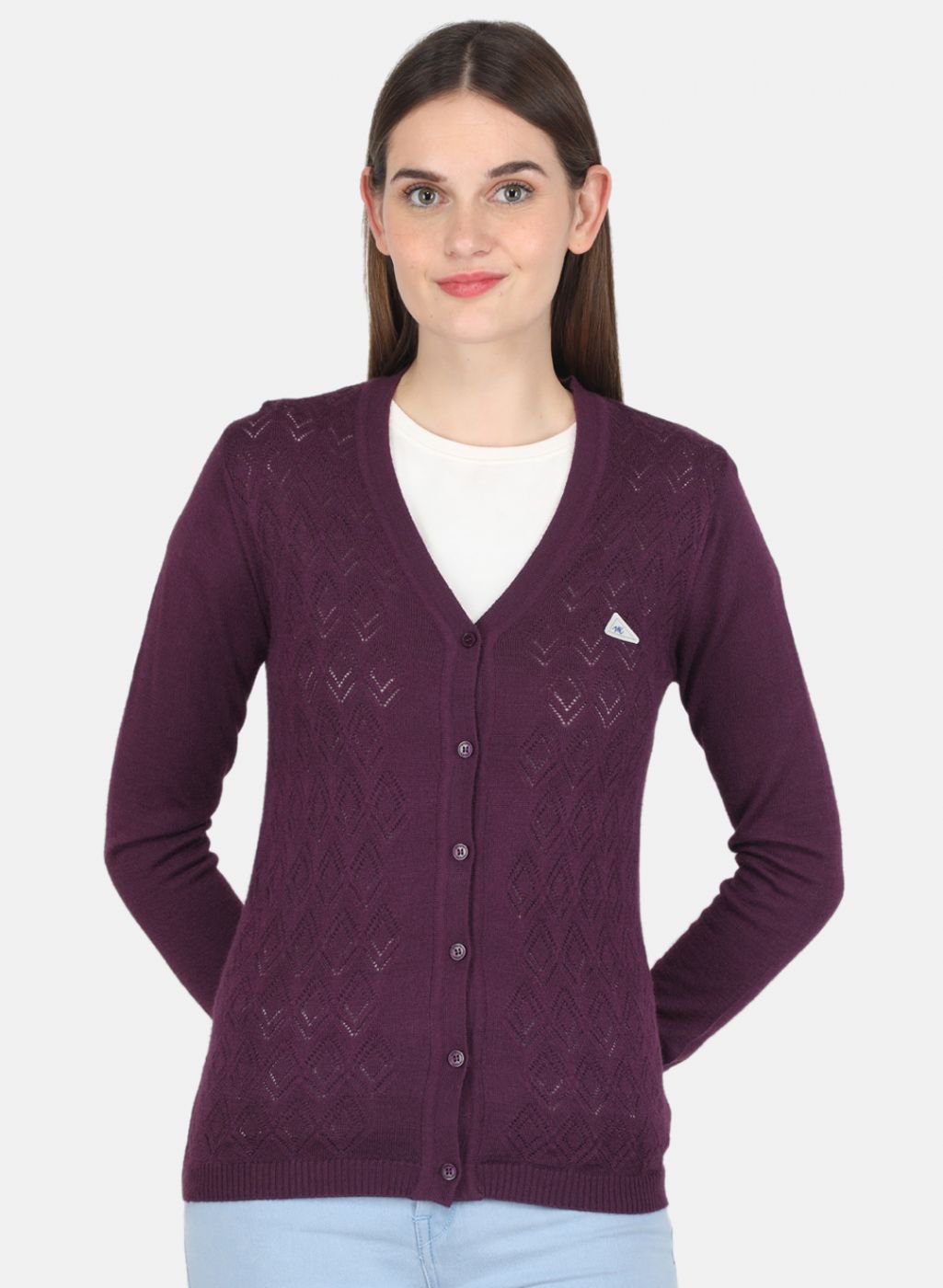 Women Purple Self design Cardigan