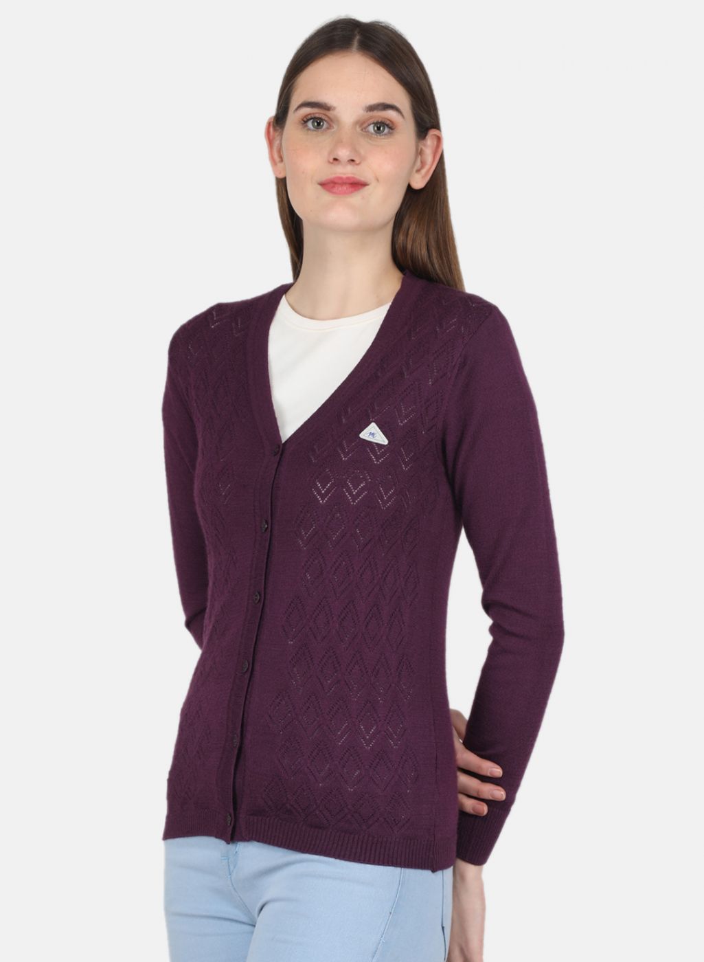 Women Purple Self design Cardigan