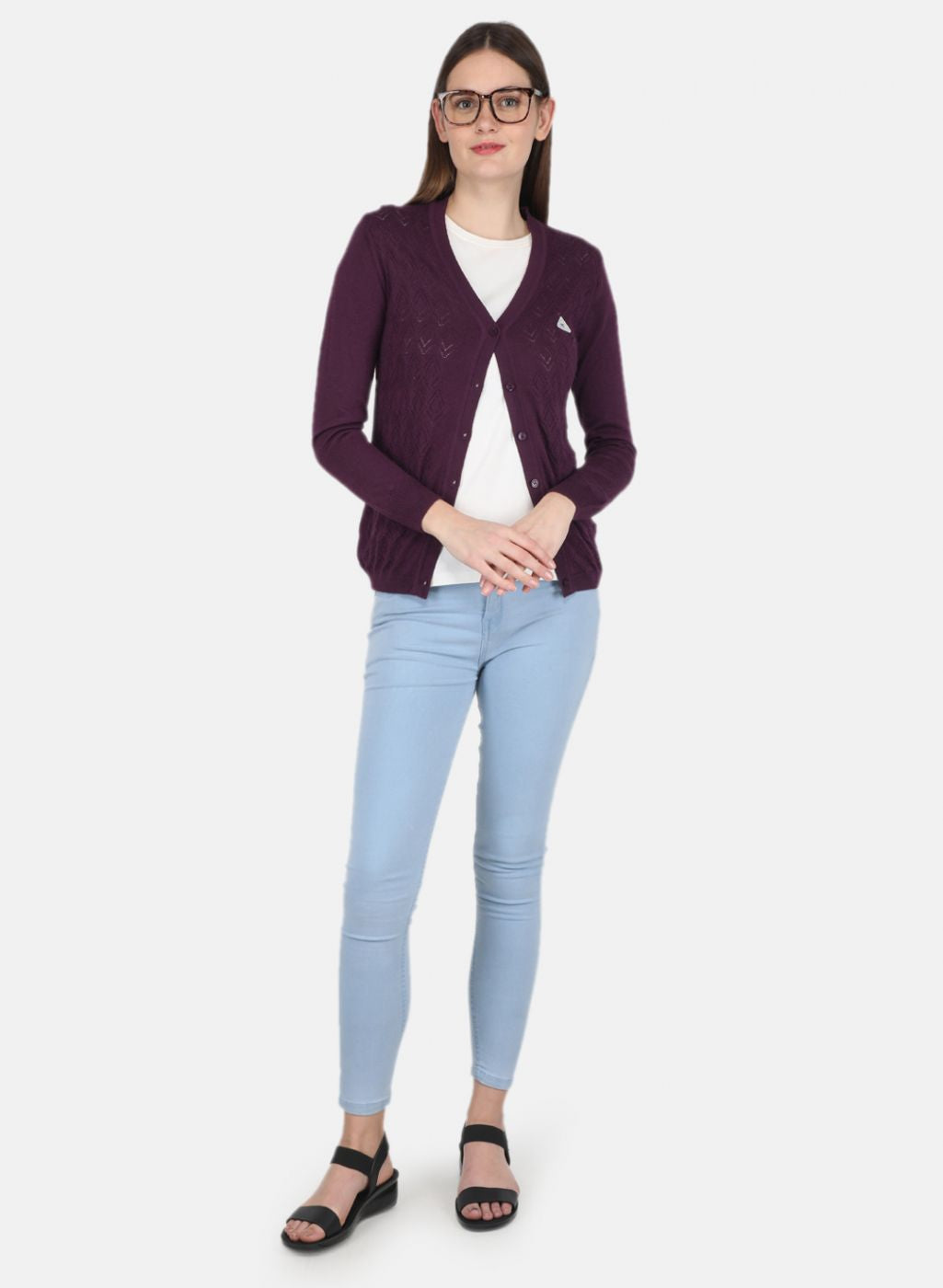 Women Purple Self design Cardigan