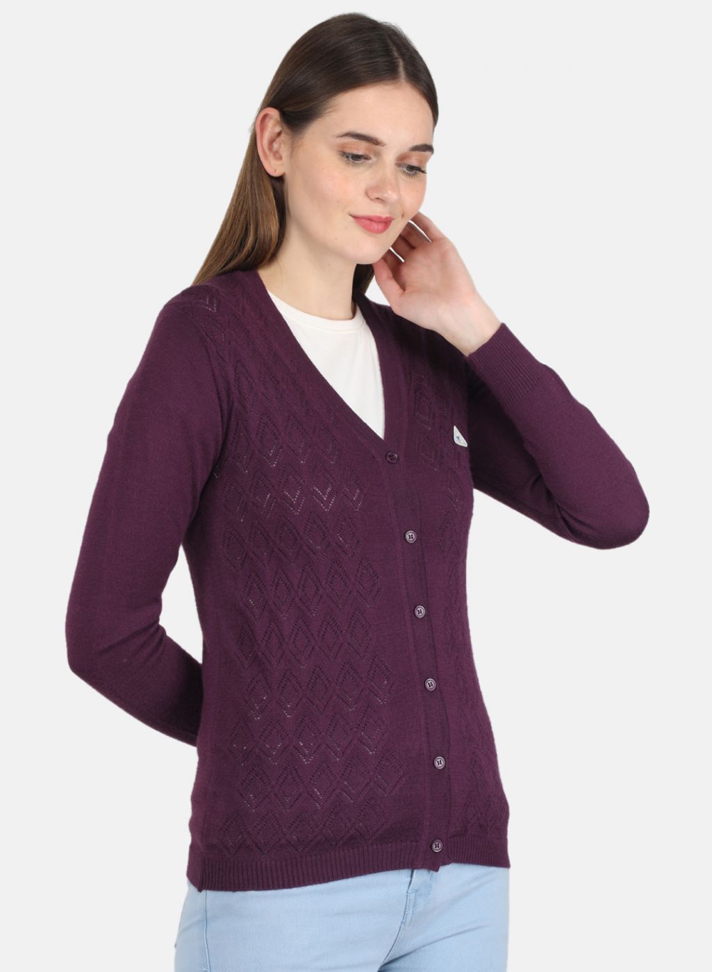 Women Purple Self design Cardigan