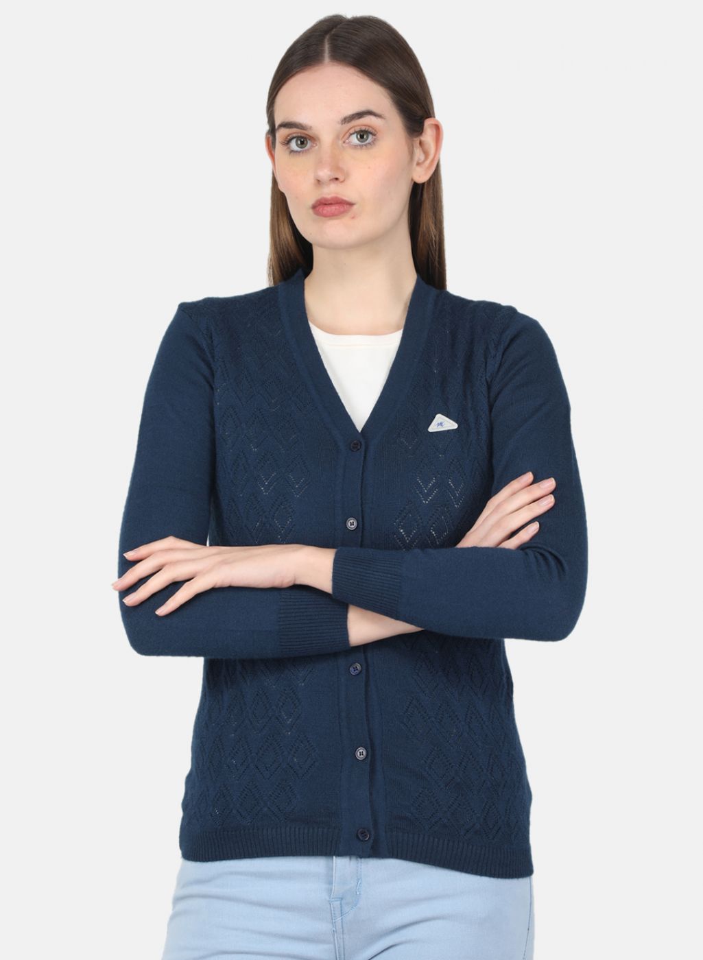 Women NAvy Blue Self Design Cardigan