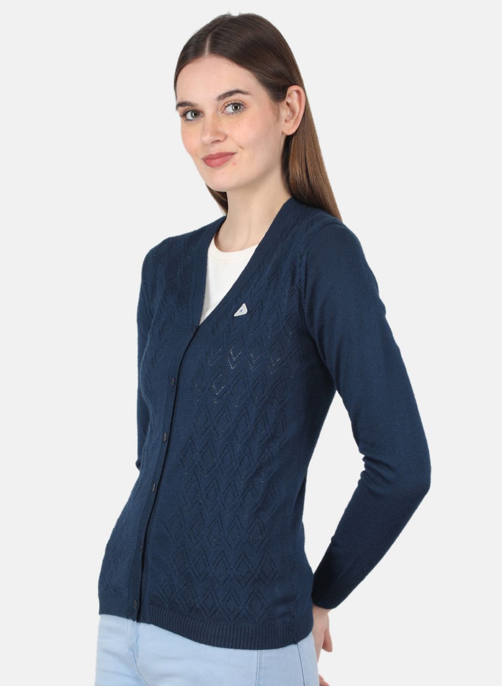 Women NAvy Blue Self Design Cardigan