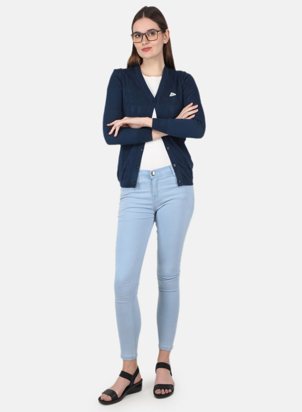 Women NAvy Blue Self Design Cardigan