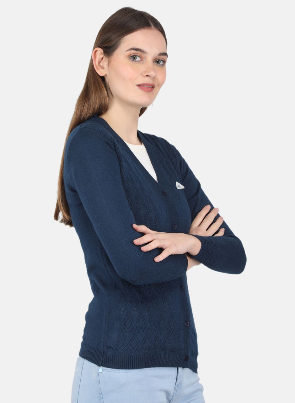 Women NAvy Blue Self Design Cardigan