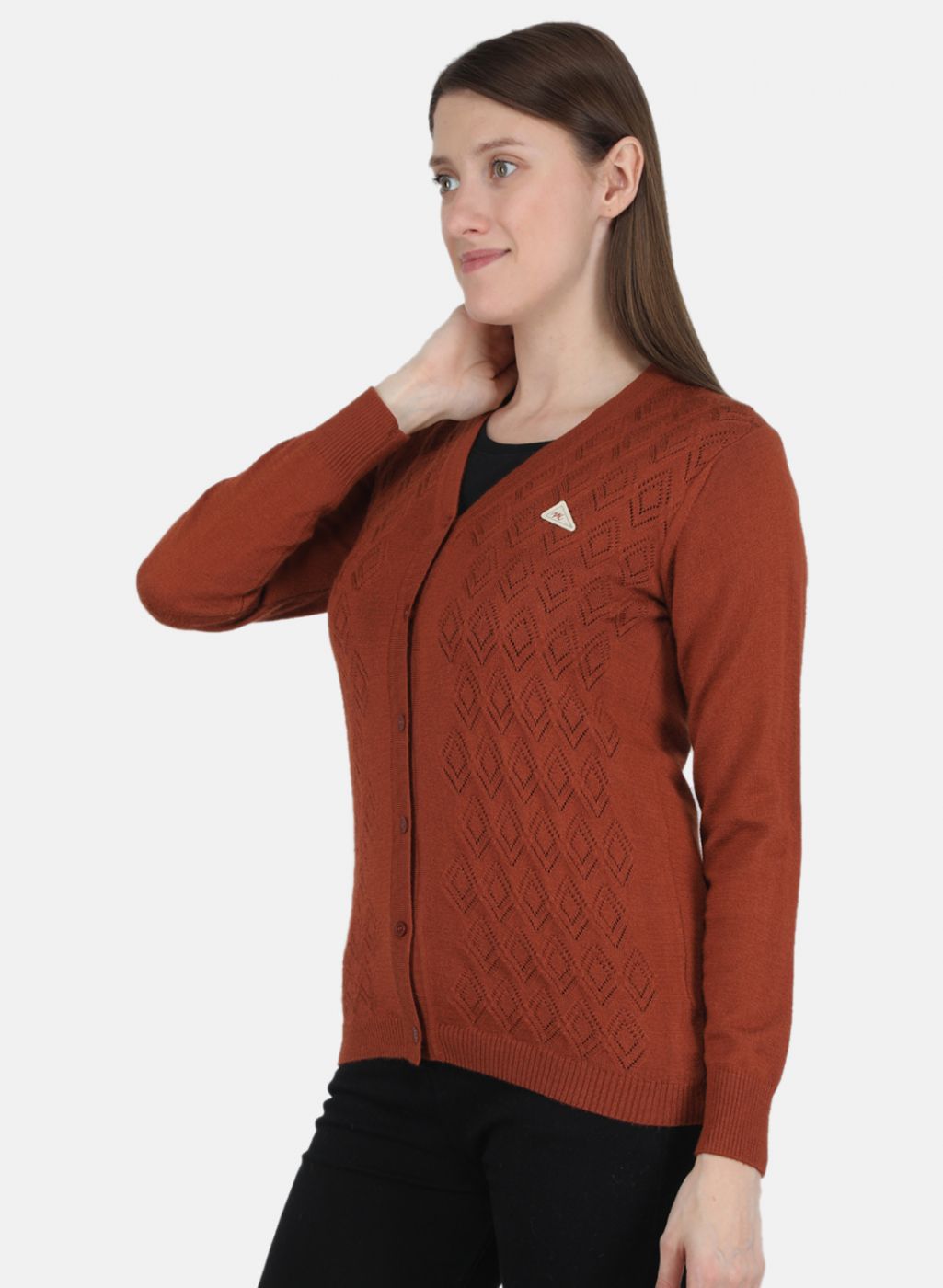 Women Orange Self design Cardigan