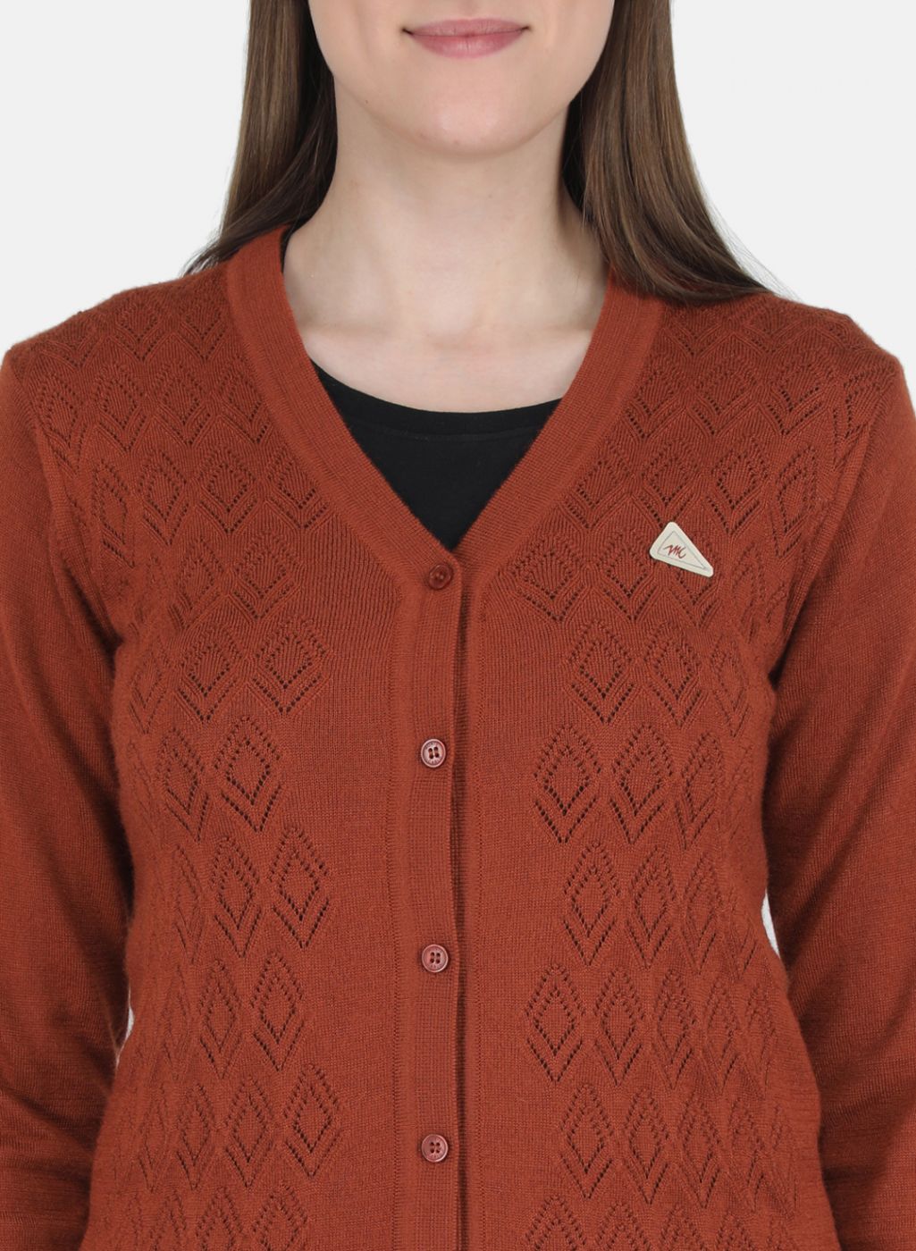 Women Orange Self design Cardigan