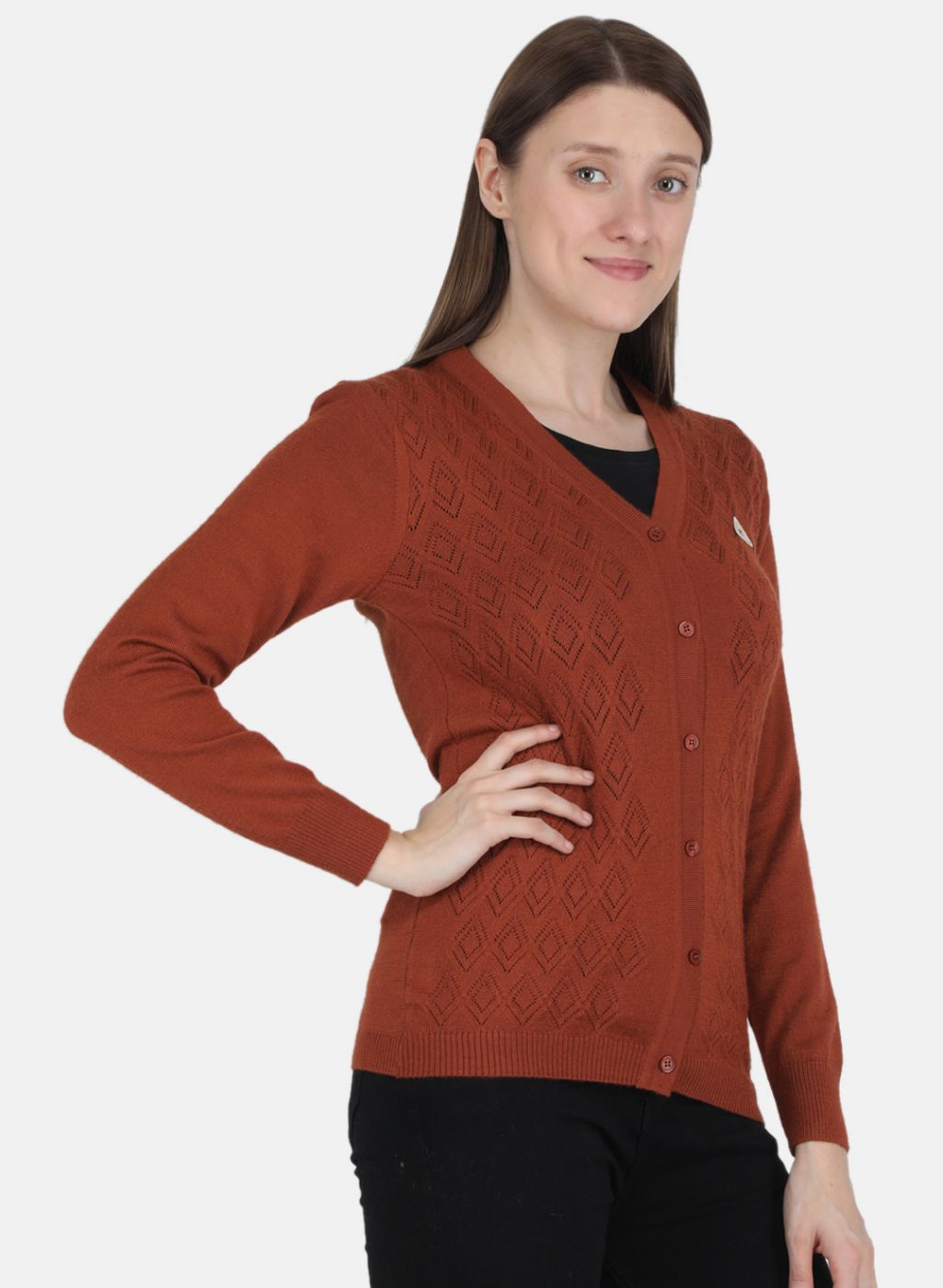 Women Orange Self design Cardigan