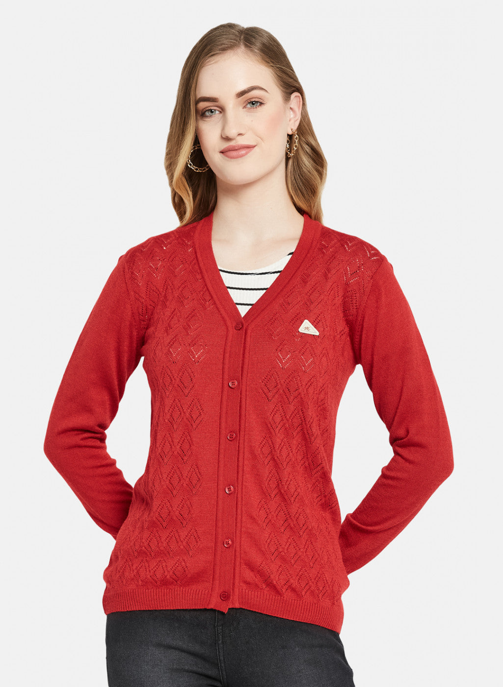 Women Red Self Design Cardigan