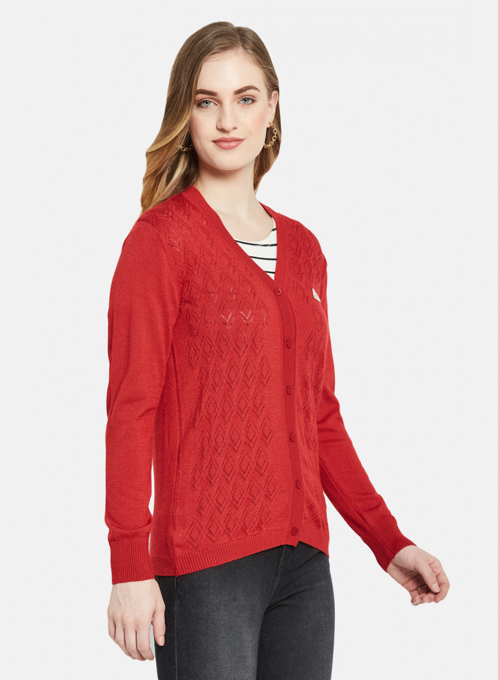 Women Red Self Design Cardigan