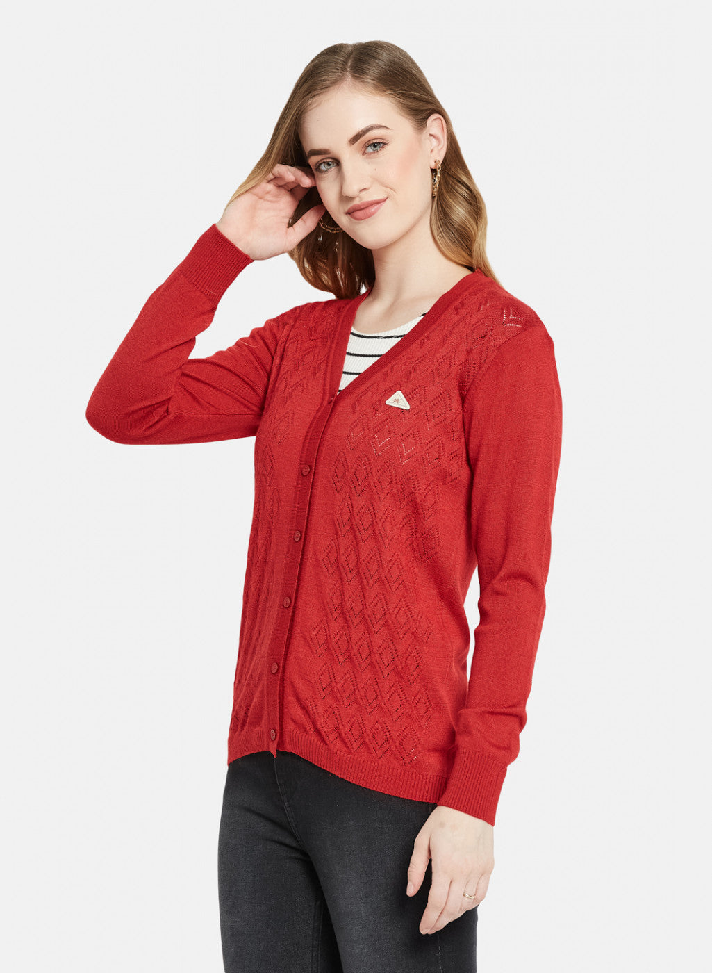 Women Red Self Design Cardigan