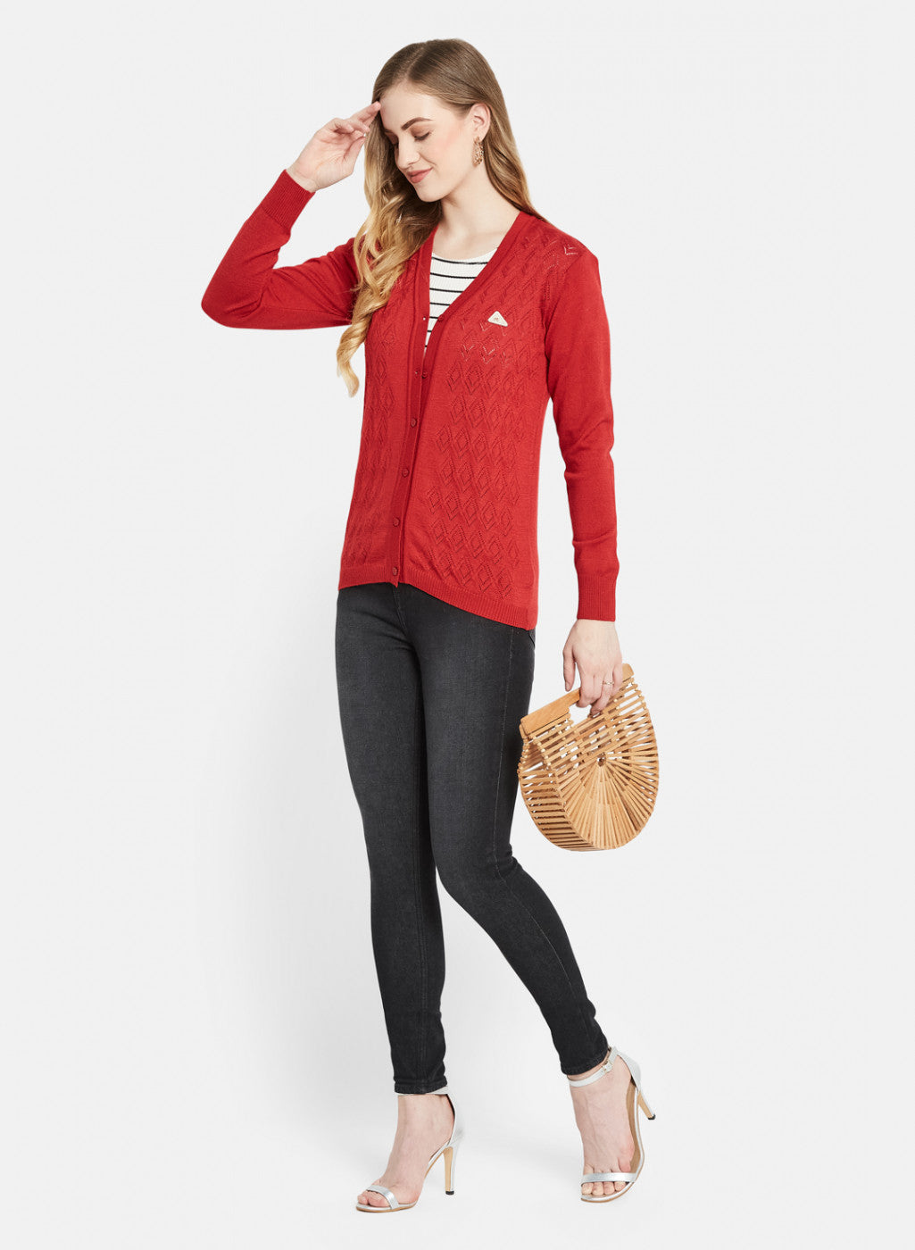 Women Red Self Design Cardigan