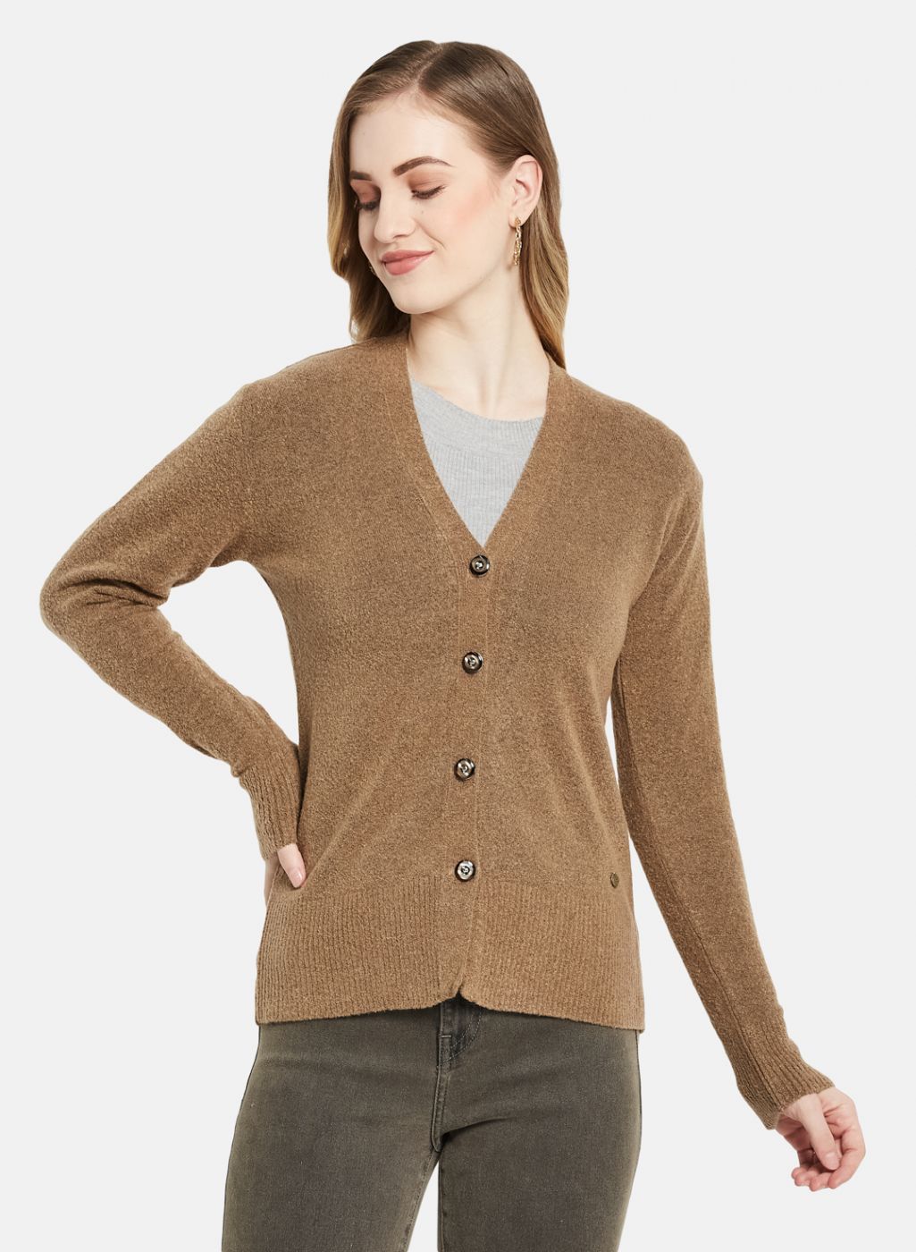 Women Beige Self Design Cardigan