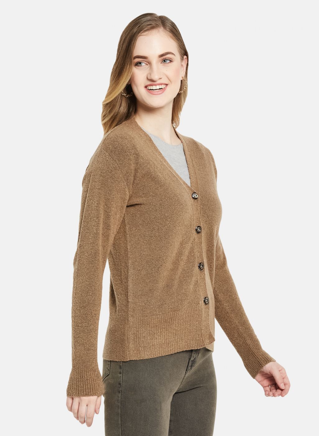 Women Beige Self Design Cardigan