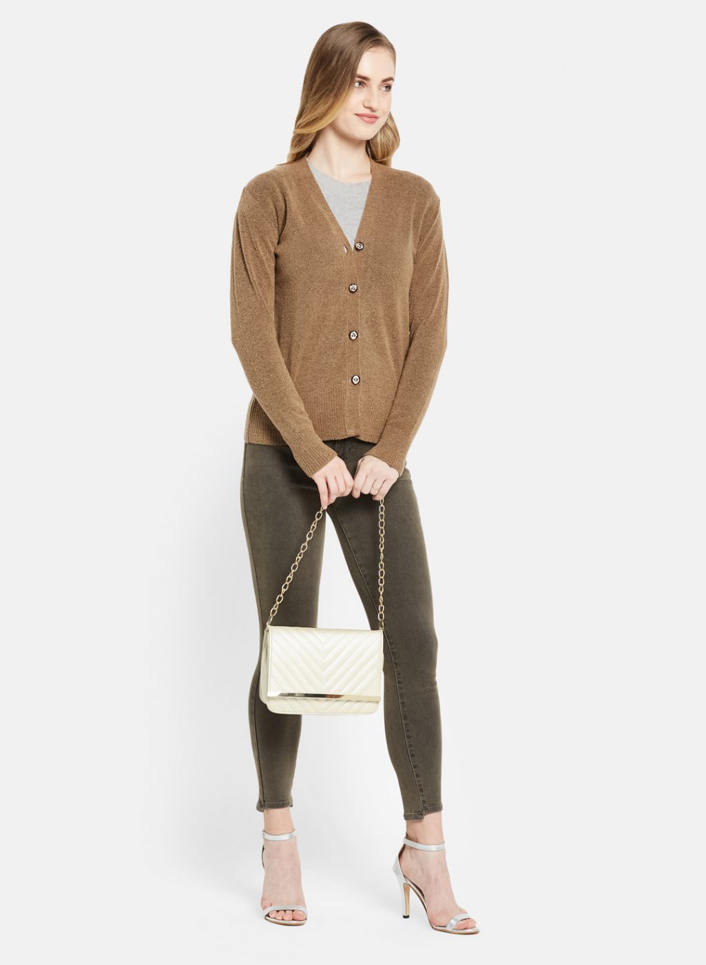 Women Beige Self Design Cardigan