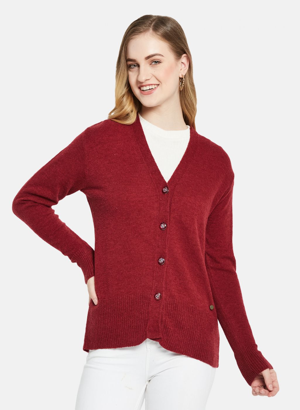 Women Maroon Self Design Cardigan