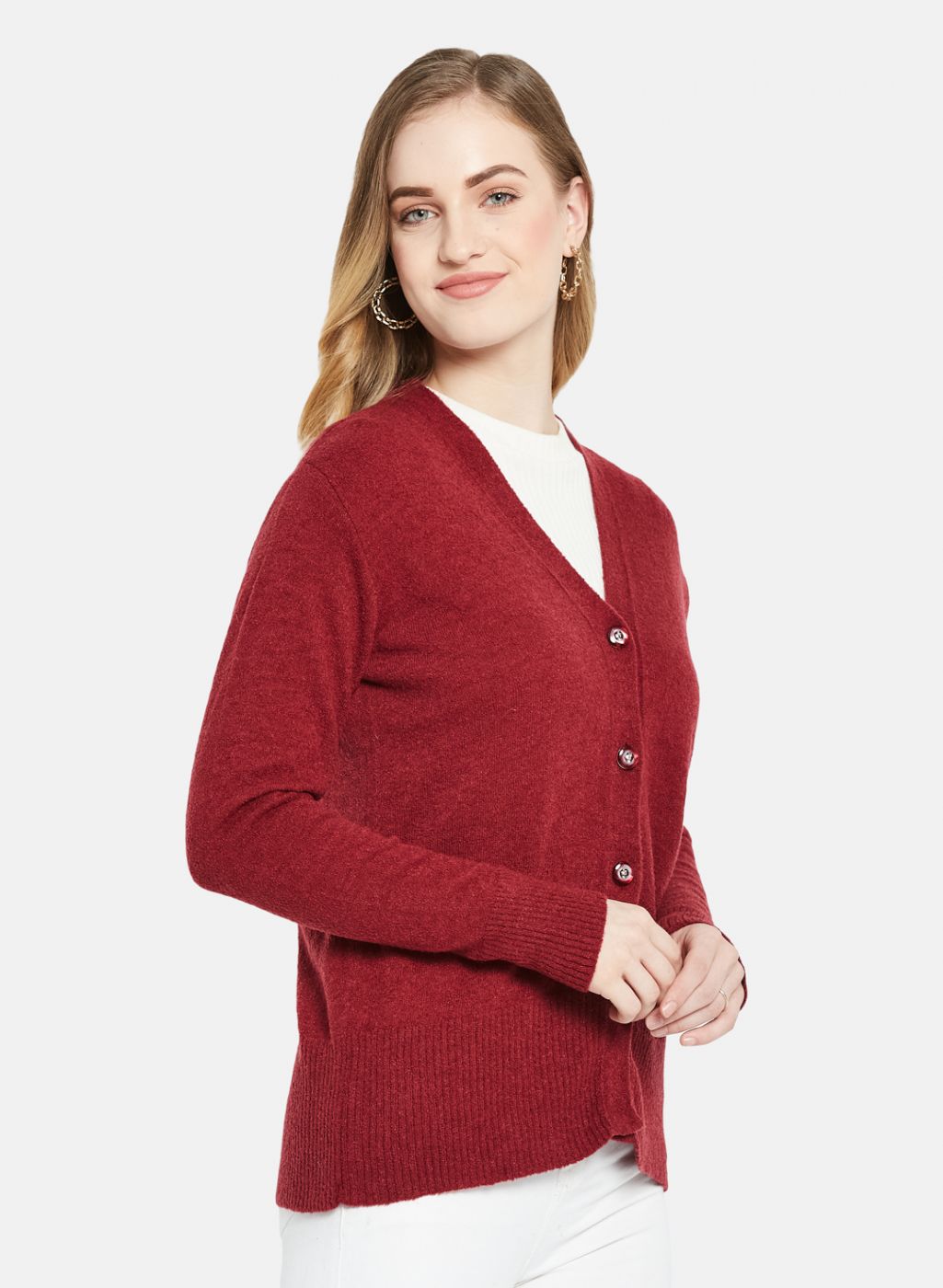 Women Maroon Self Design Cardigan