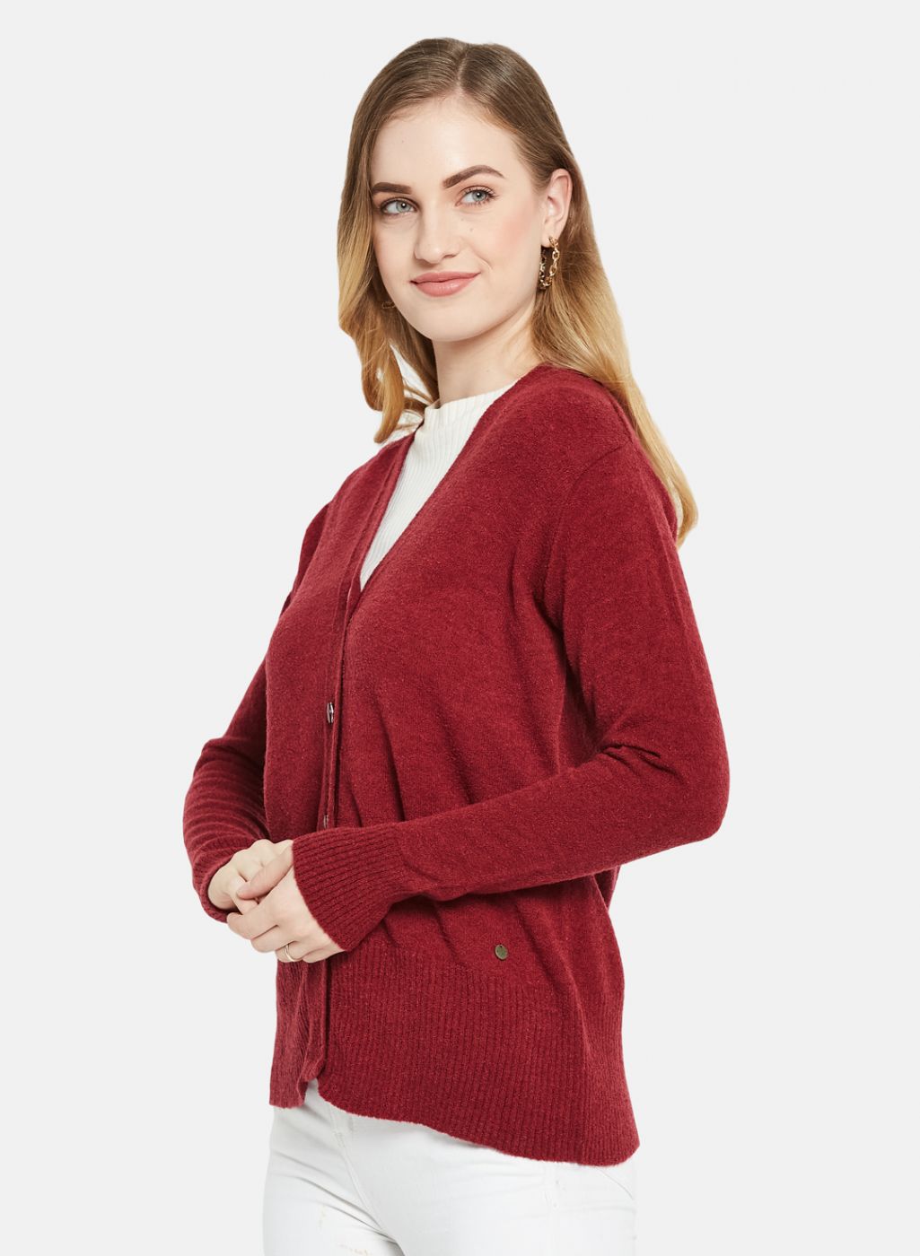 Women Maroon Self Design Cardigan