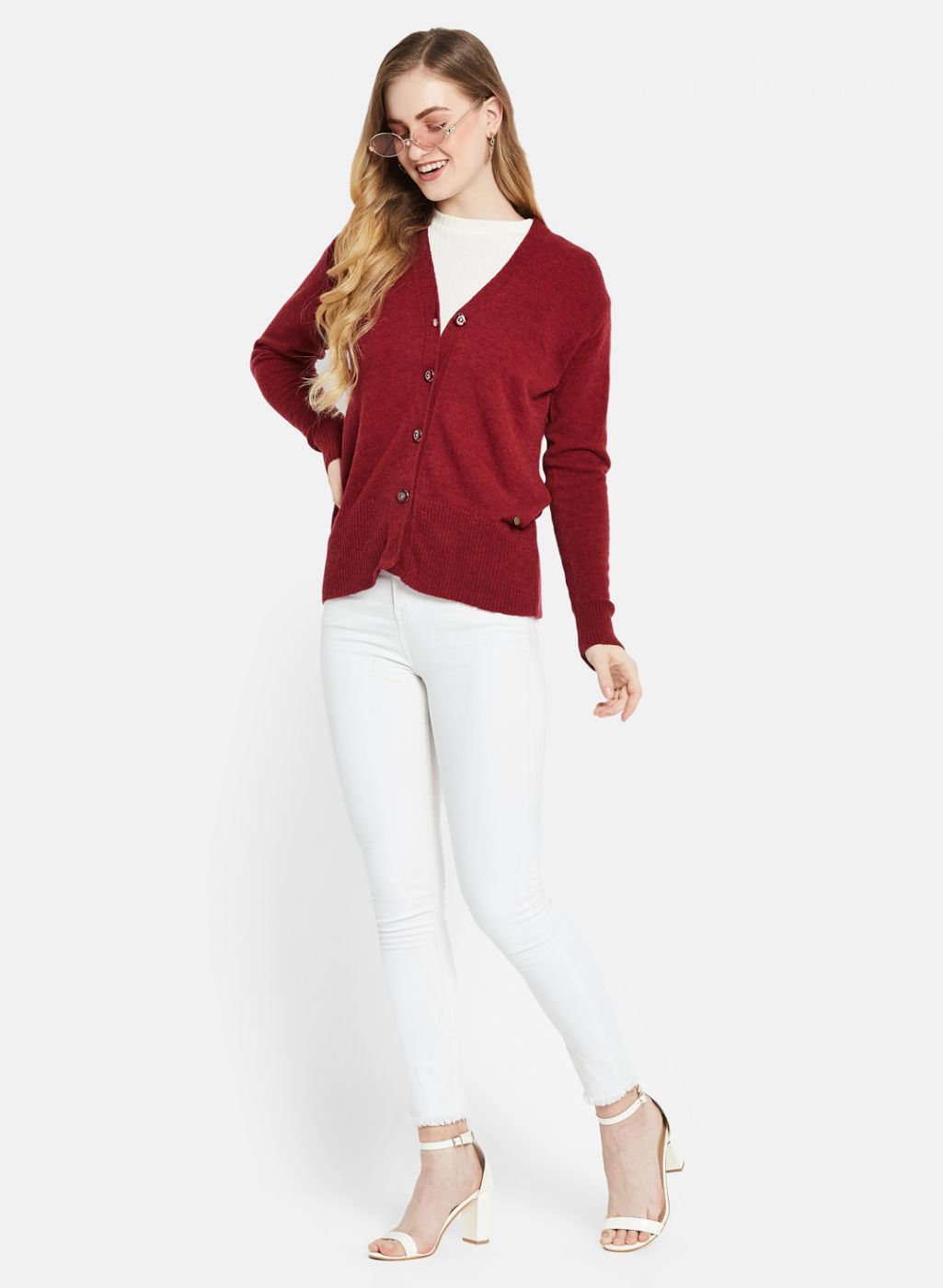 Women Maroon Self Design Cardigan