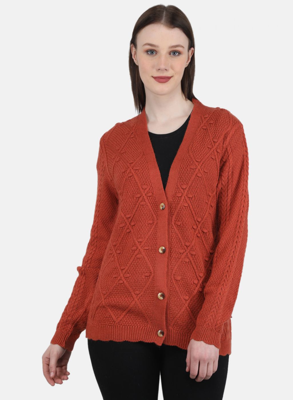 Women Orange Self Design Cardigan