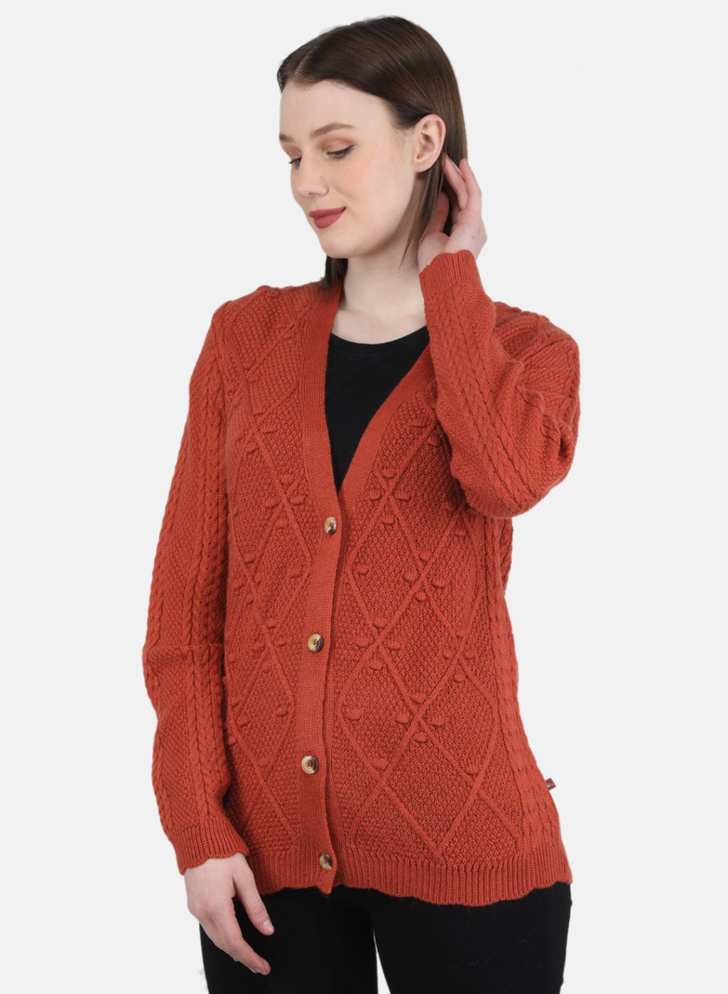 Women Orange Self Design Cardigan