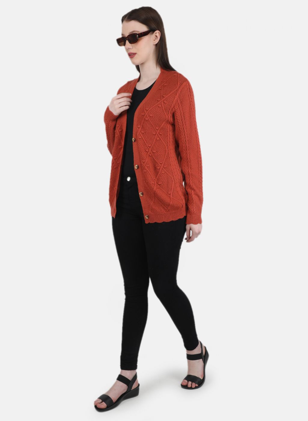 Women Orange Self Design Cardigan