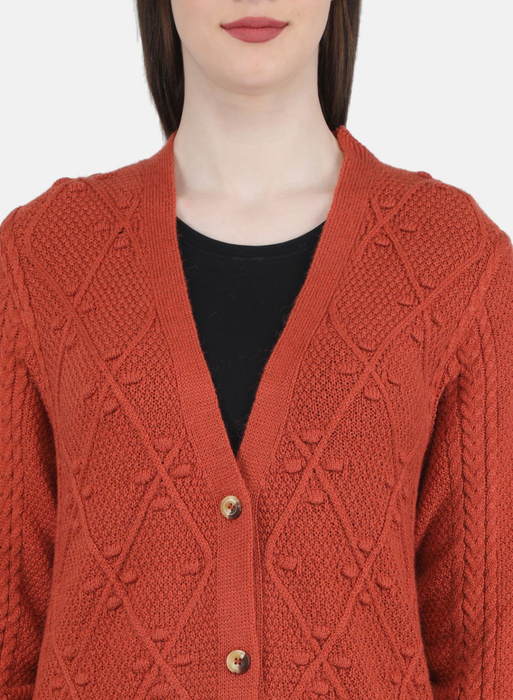 Women Orange Self Design Cardigan