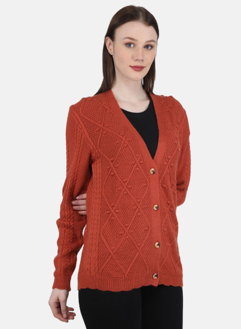 Women Orange Self Design Cardigan