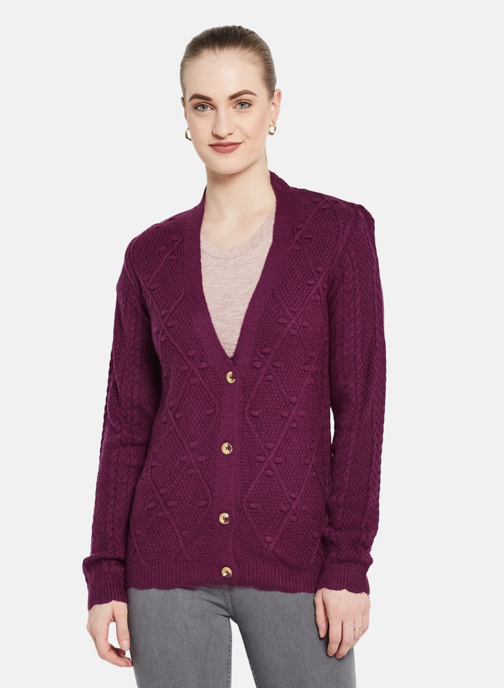 Women Purple Self Design Cardigan