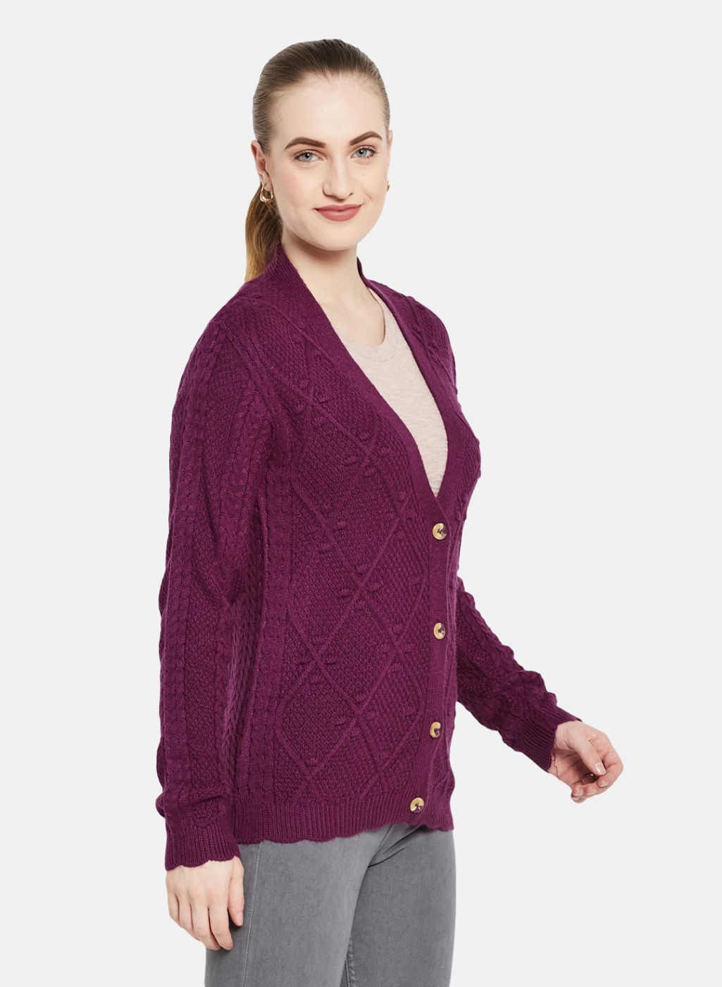 Women Purple Self Design Cardigan