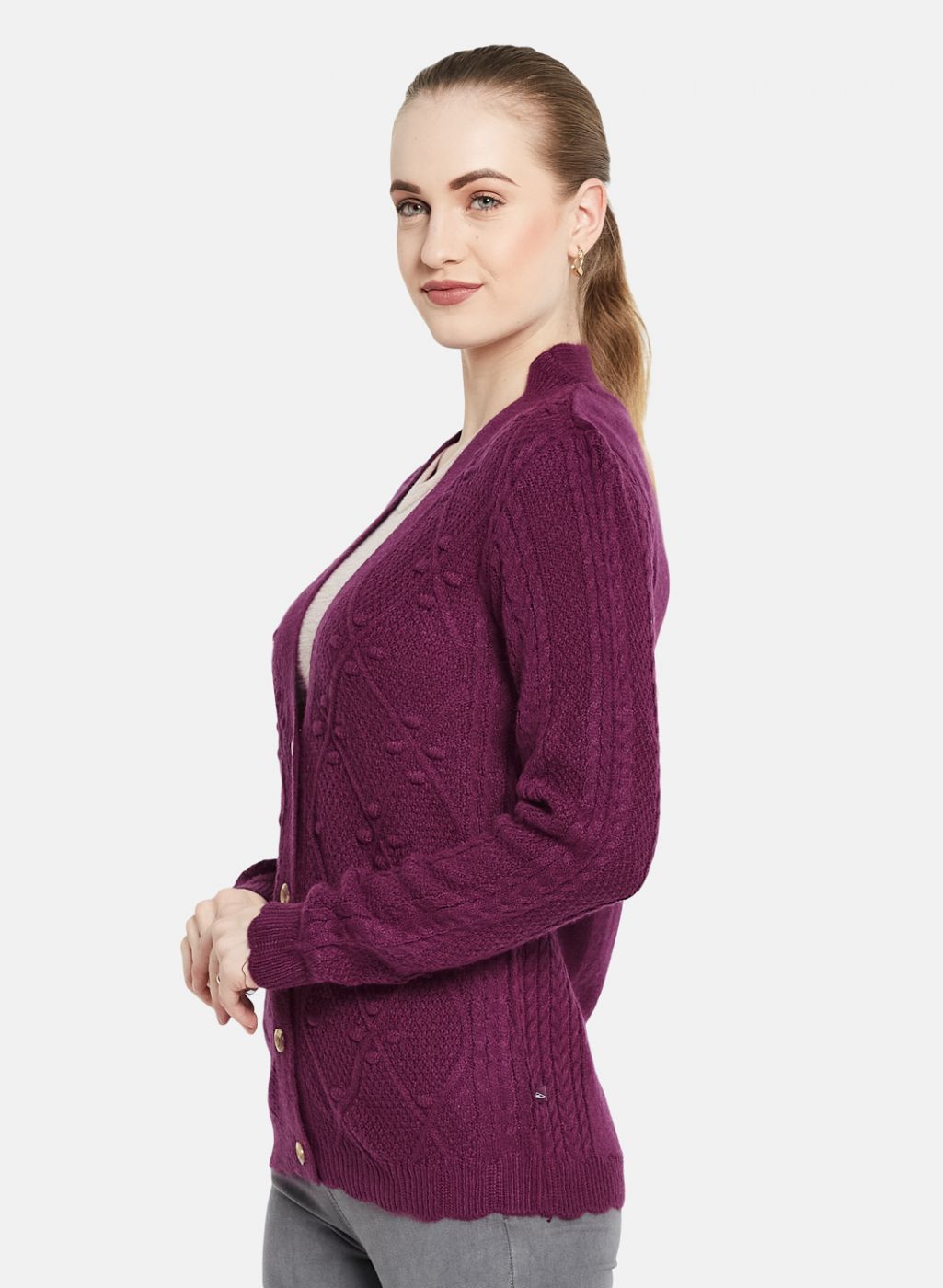 Women Purple Self Design Cardigan