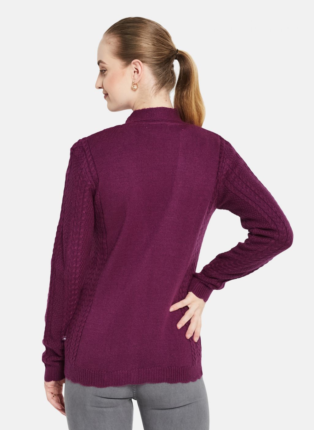 Women Purple Self Design Cardigan