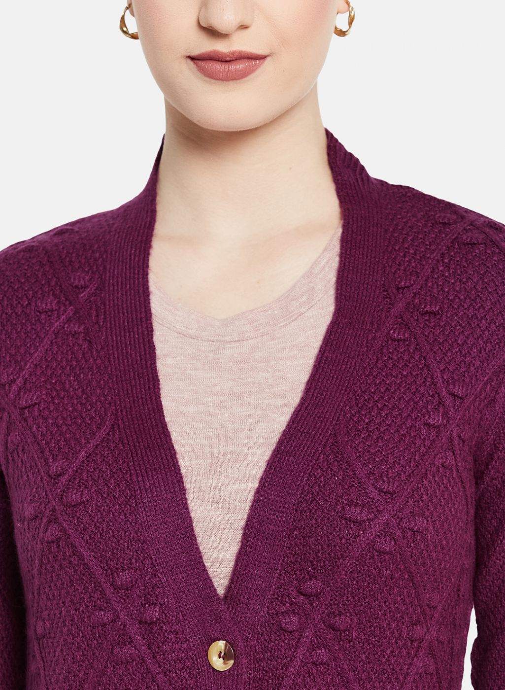 Women Purple Self Design Cardigan