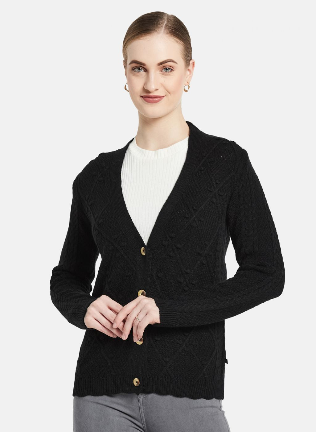 Women Black Self Design Cardigan