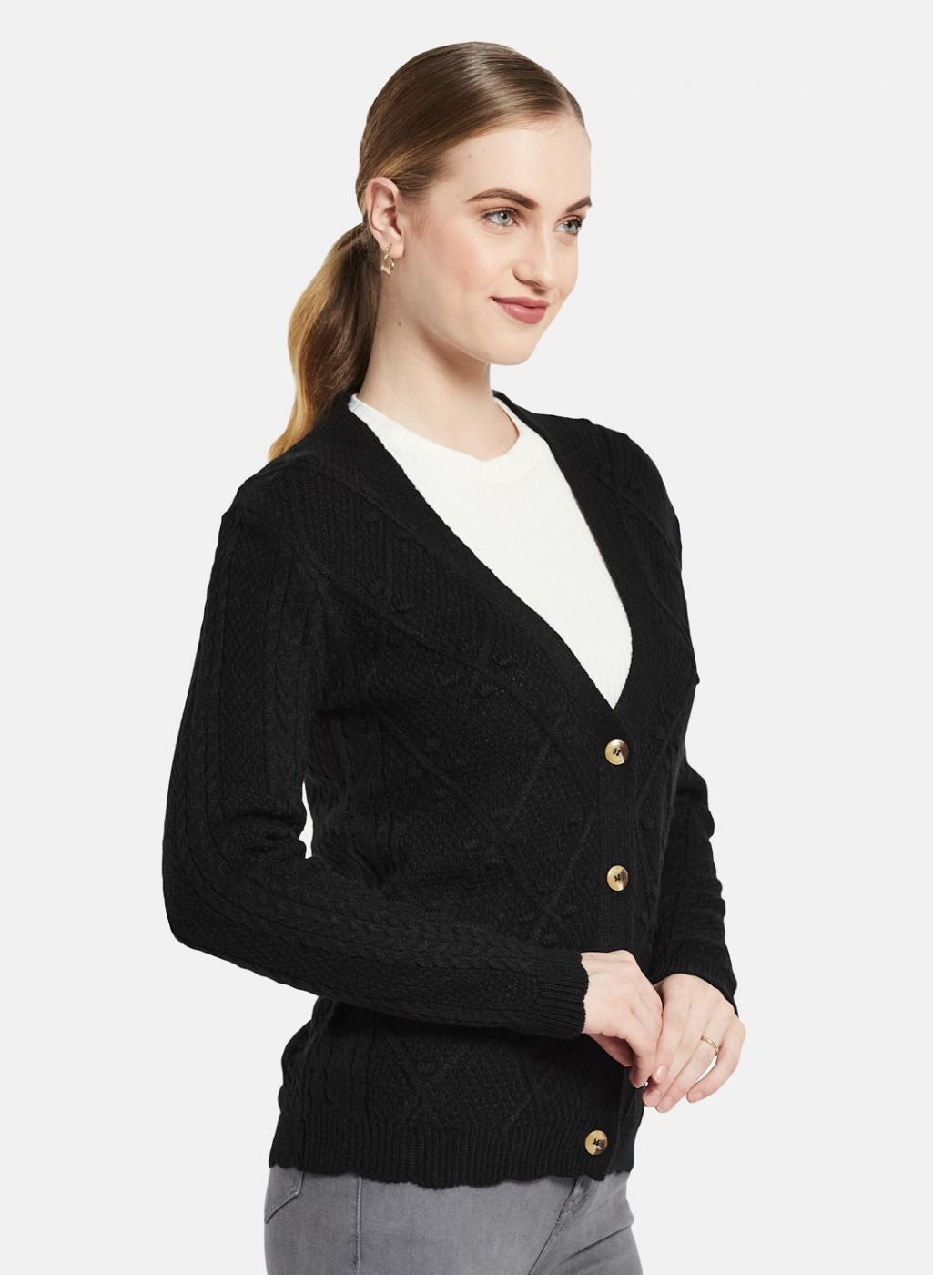 Women Black Self Design Cardigan