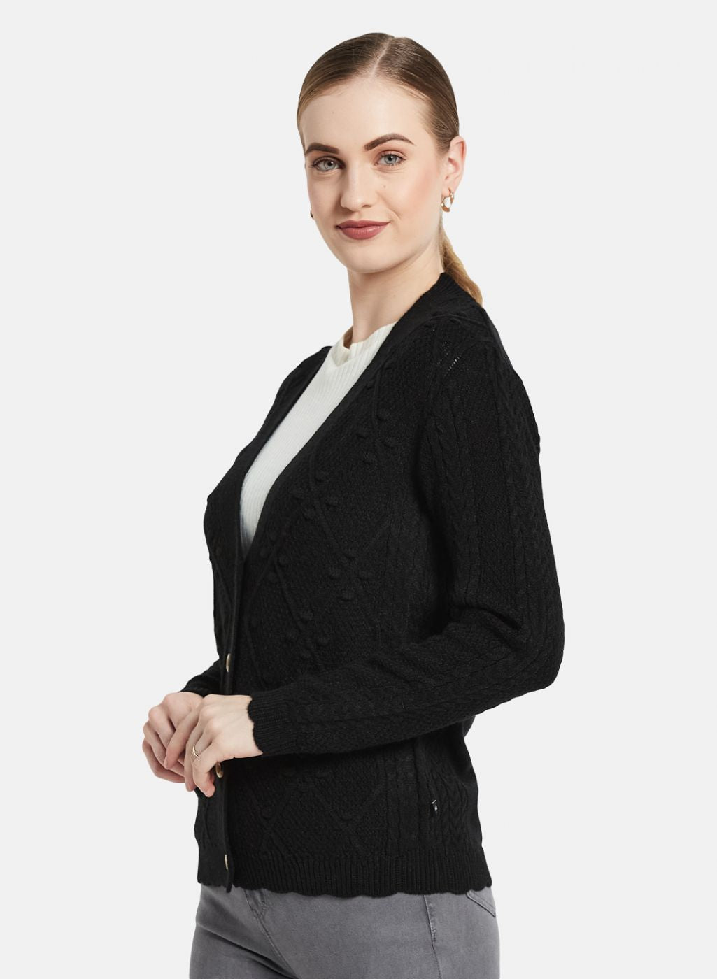 Women Black Self Design Cardigan