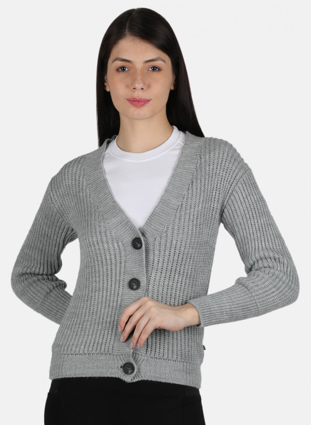 Women Grey Self Design Cardigan