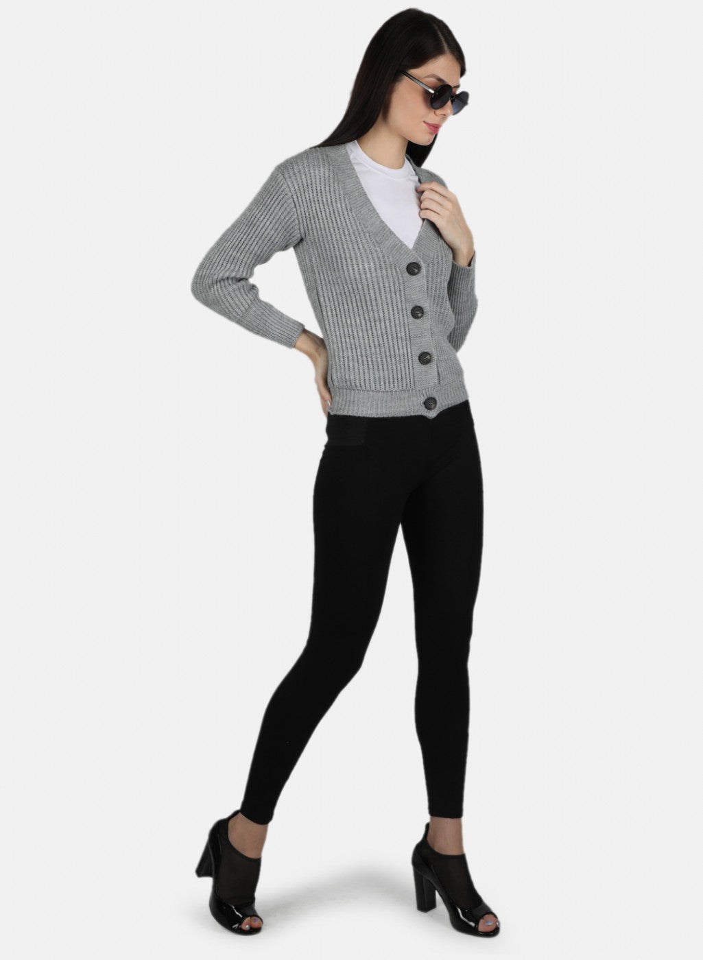 Women Grey Self Design Cardigan