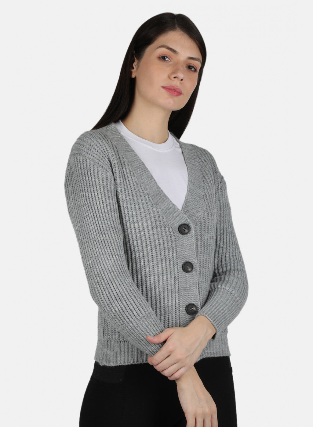 Women Grey Self Design Cardigan