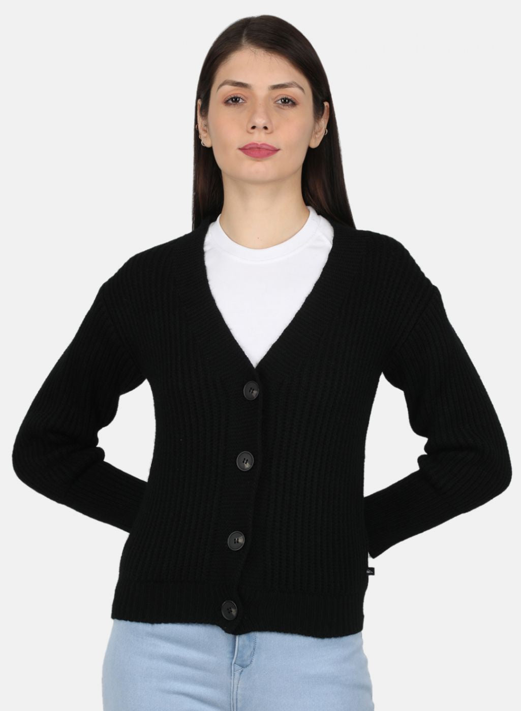 Women Black Self Design Cardigan