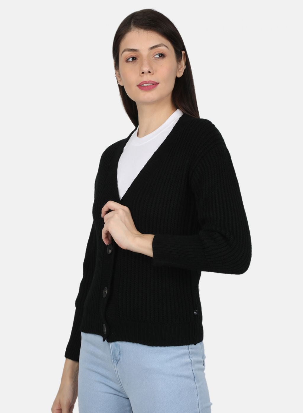 Women Black Self Design Cardigan