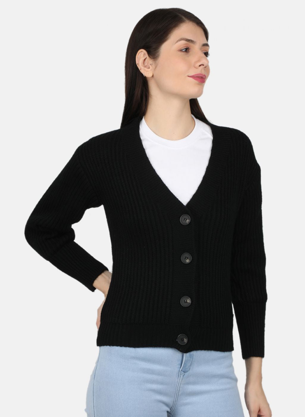 Women Black Self Design Cardigan