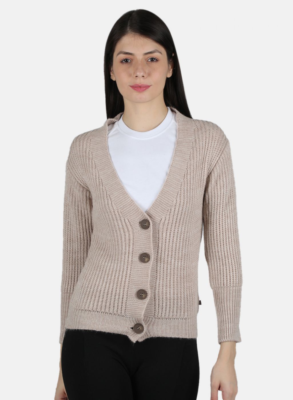 Women Beige Self Design Cardigan